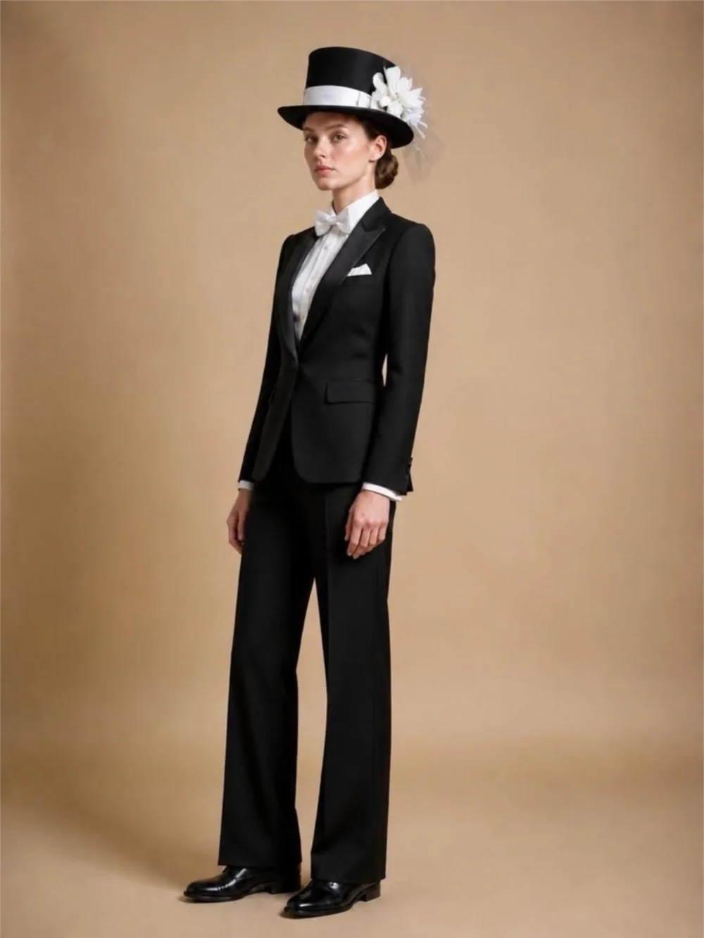 Black Felt Top Hat With White Toole Band, Silk Flowers, Feathers and Netting